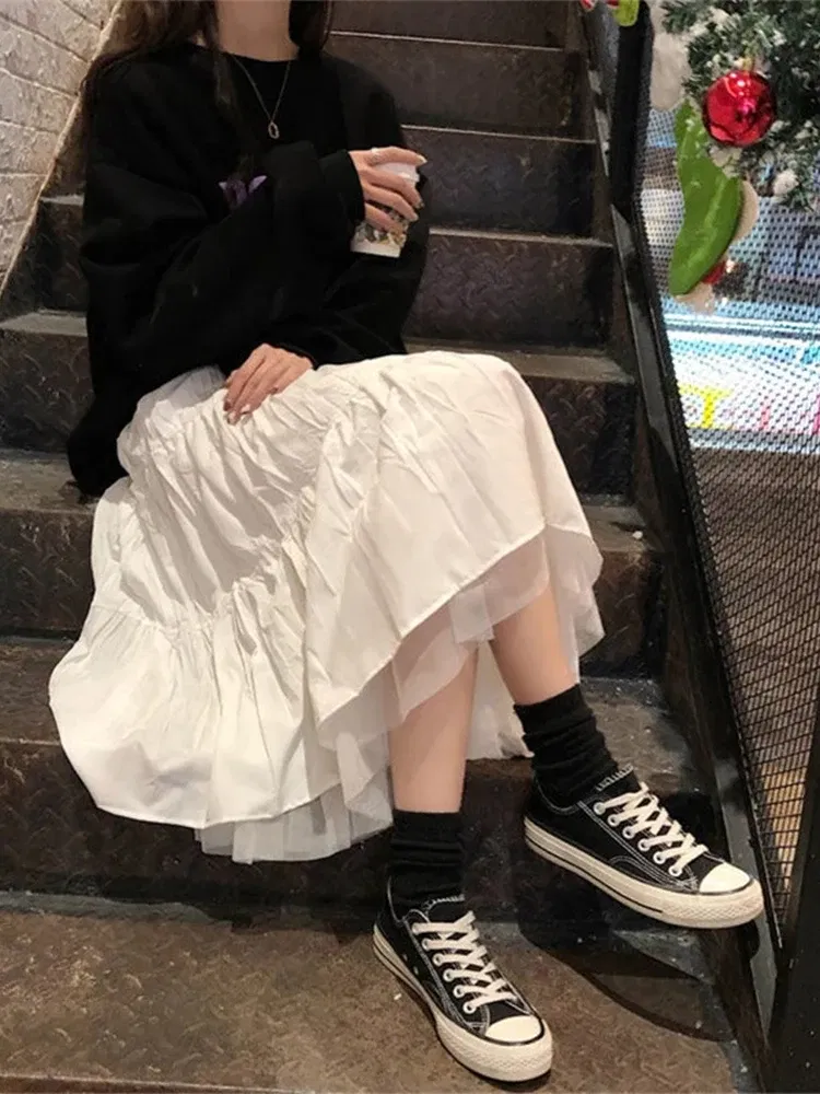 Color: WHITE, Size: S - Long Tulle Midi Skirts Womens  Autumn Elastic High Waist Mesh Tutu Pleated Skirts Female Black White Long Skirt Streetwear