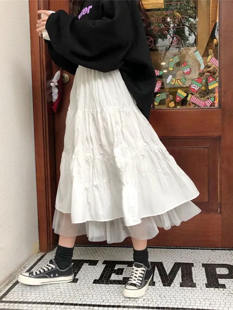 Color: WHITE, Size: S - Long Tulle Midi Skirts Womens  Autumn Elastic High Waist Mesh Tutu Pleated Skirts Female Black White Long Skirt Streetwear