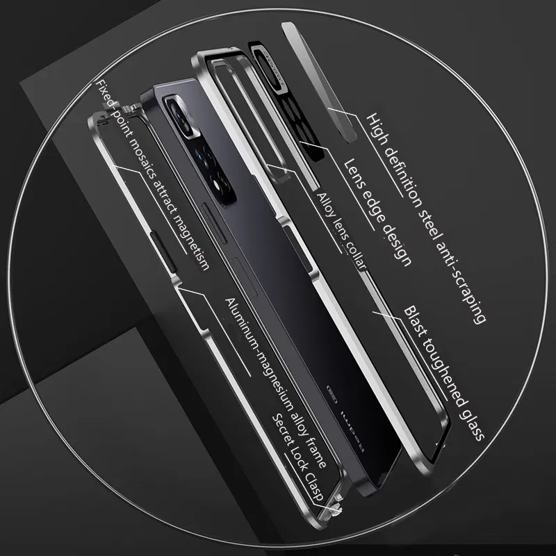 Color: Blue, Bundle: Case & Screen Protector, Material: aluminum - Full Protection Case Metal Magnetic Double Sided Glass Snap Lock Case For XiaoMi Redmi Note 13 Pro Plus 5G Bumper Phone Cover