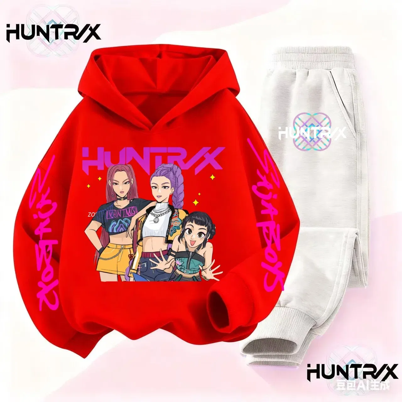 Color: Pink, Kid Size: 4 - 3-14Y Kpop Demon Hunters Hoodie Set Boys Girls Kids Autumn Sportswear Daily Clothes 2025