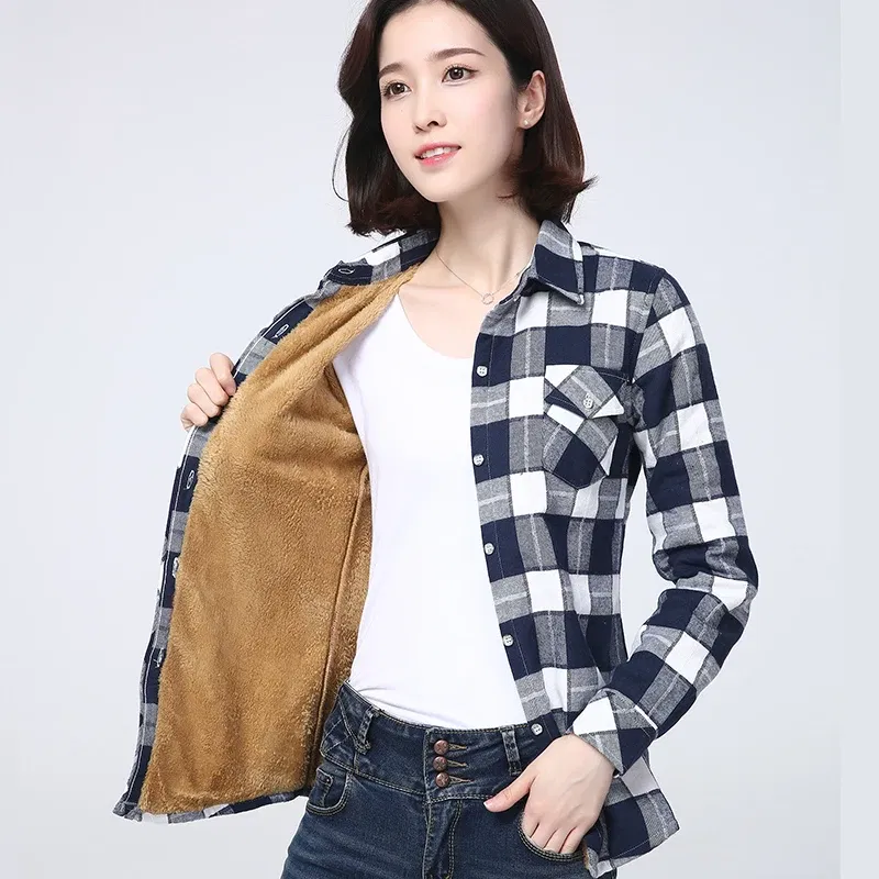 Color: GRAY, Size: XXL - 2025 Winter New Women's Warm Plaid Shirt Coat Casual Fleece Velvet Plus Thicke Jacket Tops College Style Woman Clothes Outerwear