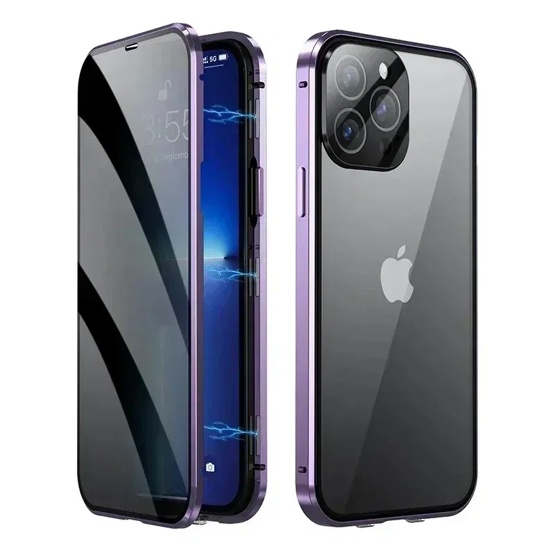 Color: PURPLE, Material: Neoprene - Double-Sided Privacy Magnetic Case For iPhone 16 12 13 14 15 11 Pro Max 14 Plus 16 Plus Anti Peeping Full Cover Metal Frame Case