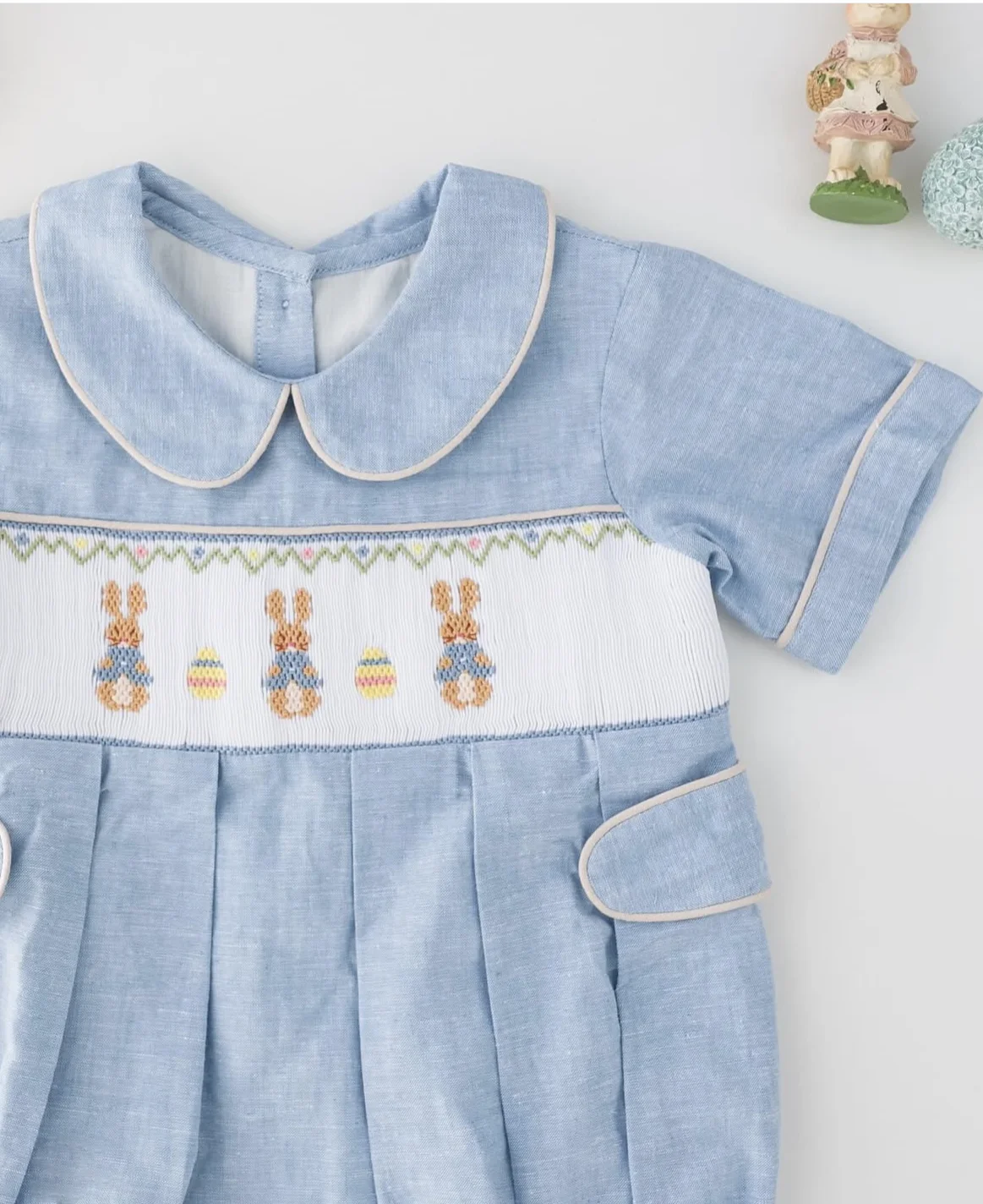Kid Size: 6T - 0-6Y Baby Boy Summer Rabbits Handmade Embroidery Smocked Blue Rompers for Birthday Phototgraphy Party Holiday Eid Casual A5