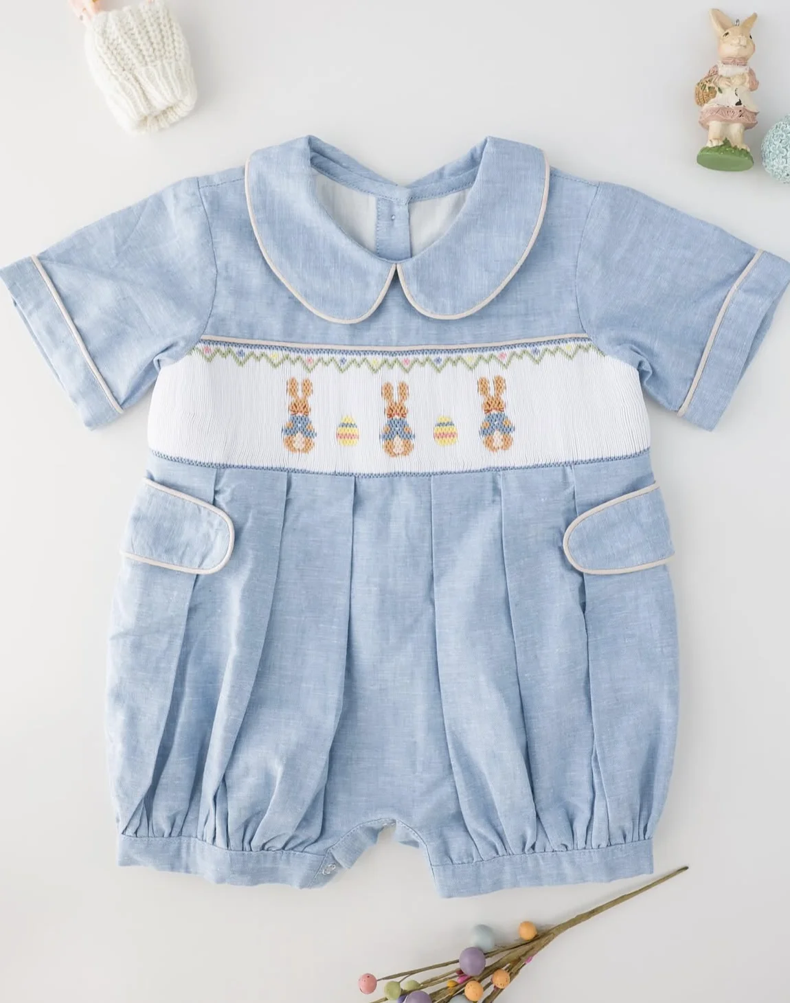 Kid Size: 6T - 0-6Y Baby Boy Summer Rabbits Handmade Embroidery Smocked Blue Rompers for Birthday Phototgraphy Party Holiday Eid Casual A5