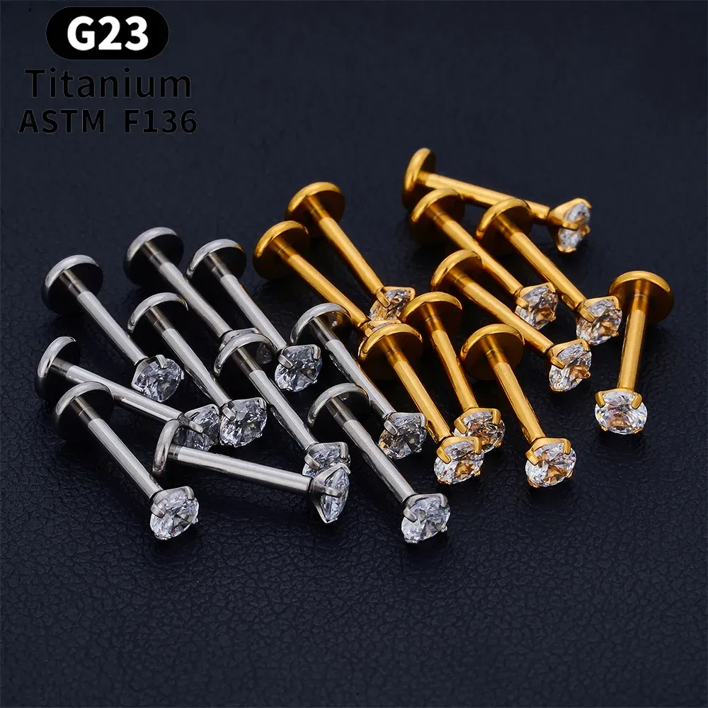 Metal color: Gold-color, Ships From: CHINA, Main Stone Color: Light purple - 10PCS ASTM F136 G23 Titanium Piercing Labret Lip Ring Stud Earring CZ Ear Tragus Cartilage Helix Daith Pierc Jewelry 16/18/20g