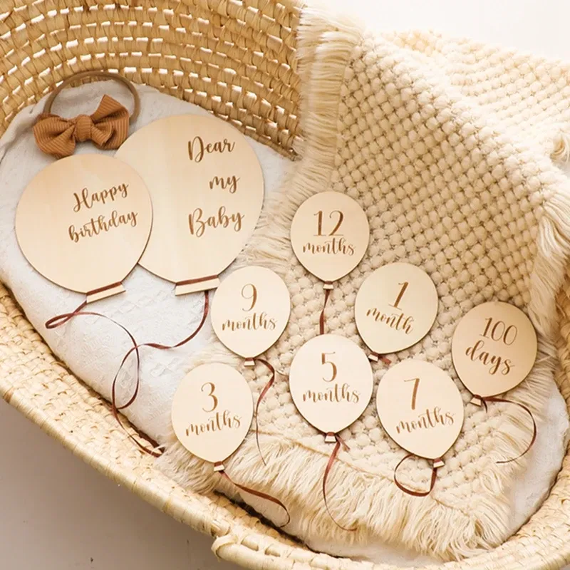 Color: Brown, Ships From: CHINA - Baby Balloon Milestone Number Monthly Memorial Month Card Newborn Baby Wooden Engraved Age Photography Accessories Birthing Gift