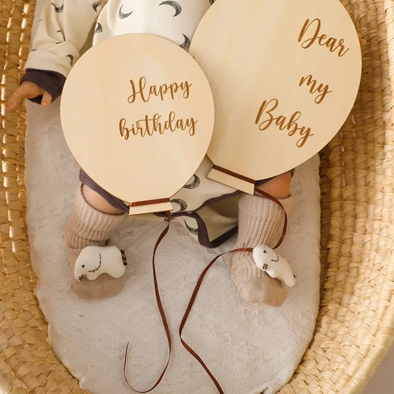 Color: Brown, Ships From: CHINA - Baby Balloon Milestone Number Monthly Memorial Month Card Newborn Baby Wooden Engraved Age Photography Accessories Birthing Gift