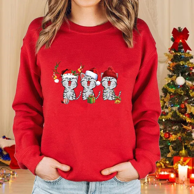 Color: PURPLE, Size: S - New fashion women's Christmas cat sweater long-sleeved round neck pullover sweater fall and winter Christmas women's tops