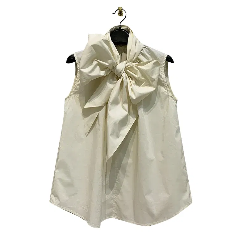 Color: Beige, Size: M - ZANZEA Women Fashion Bow Tie Neck Tank Tops 2024 Summer Casual Solid Sleeveless Blusas Mujer Elegant Korean Style Shirts Blouses