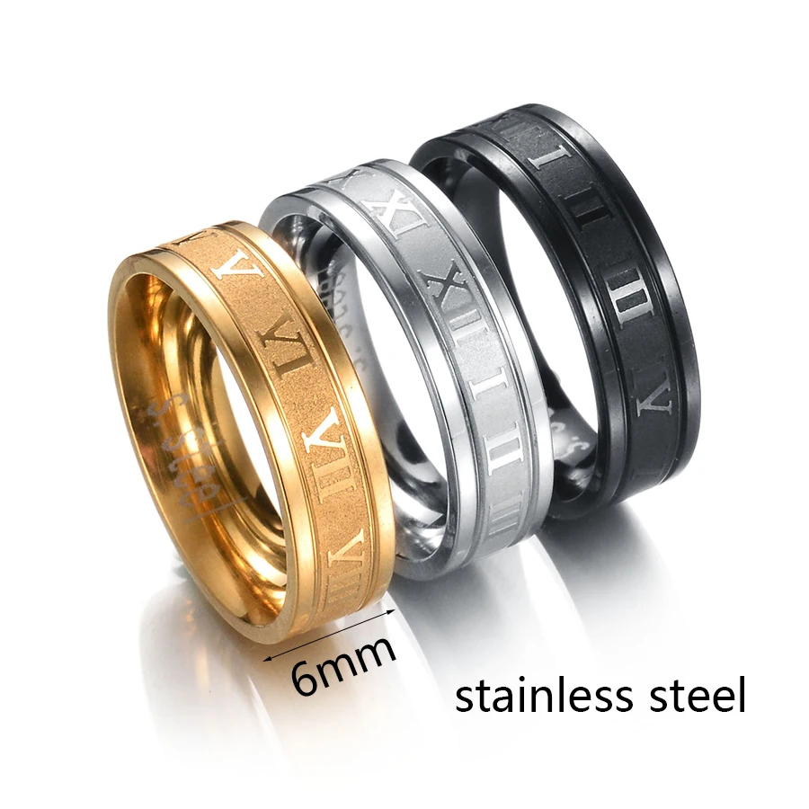 Main Stone Color: Black, Ring Size: 11.25 - Letdiffery 6mm Punk Roman Numerals Rings High Quality Stainless Steel Women Men Jewelry For Wholesale Dropshipping