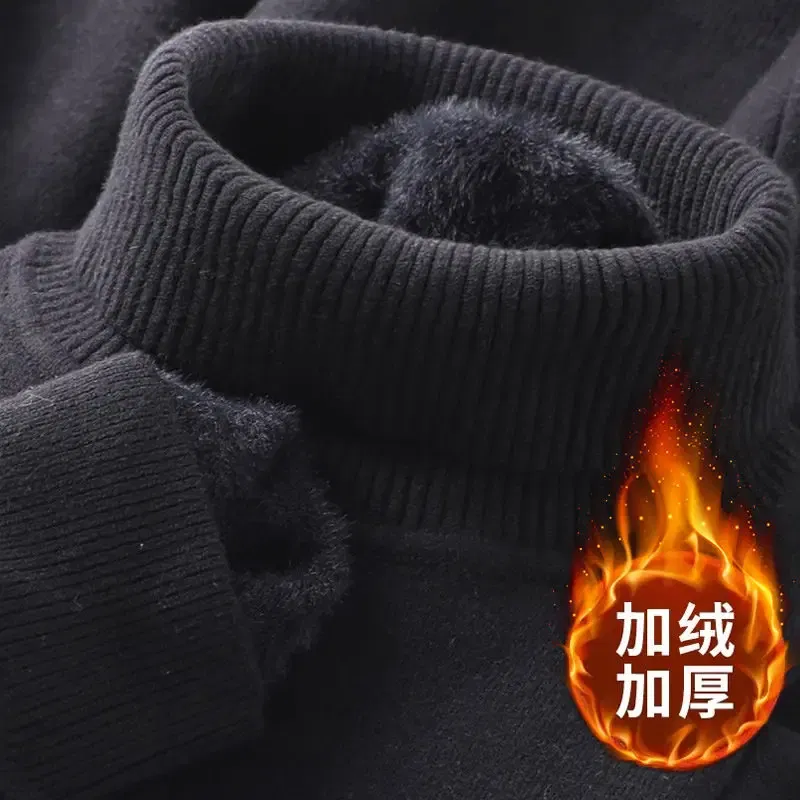 Color: Beige, Size: XXXL - Autumn Winter Men's Turtleneck Sweater Knitted Velvet Warm Long Sleeve Pullover Outdoor Cold-proof Casual Blouse Base Sweater