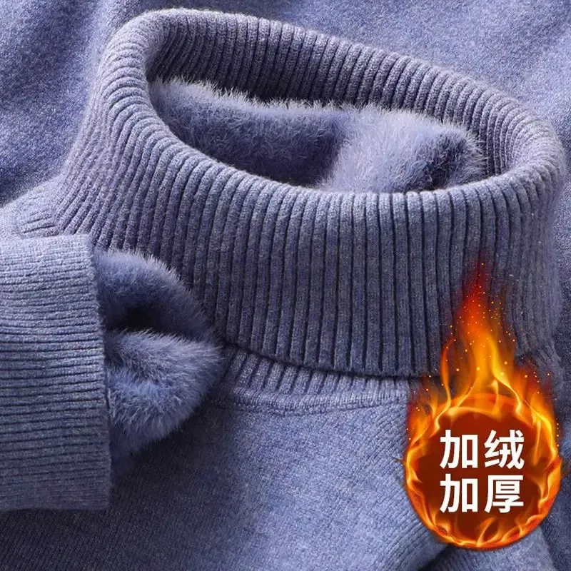 Color: Beige, Size: XXXL - Autumn Winter Men's Turtleneck Sweater Knitted Velvet Warm Long Sleeve Pullover Outdoor Cold-proof Casual Blouse Base Sweater