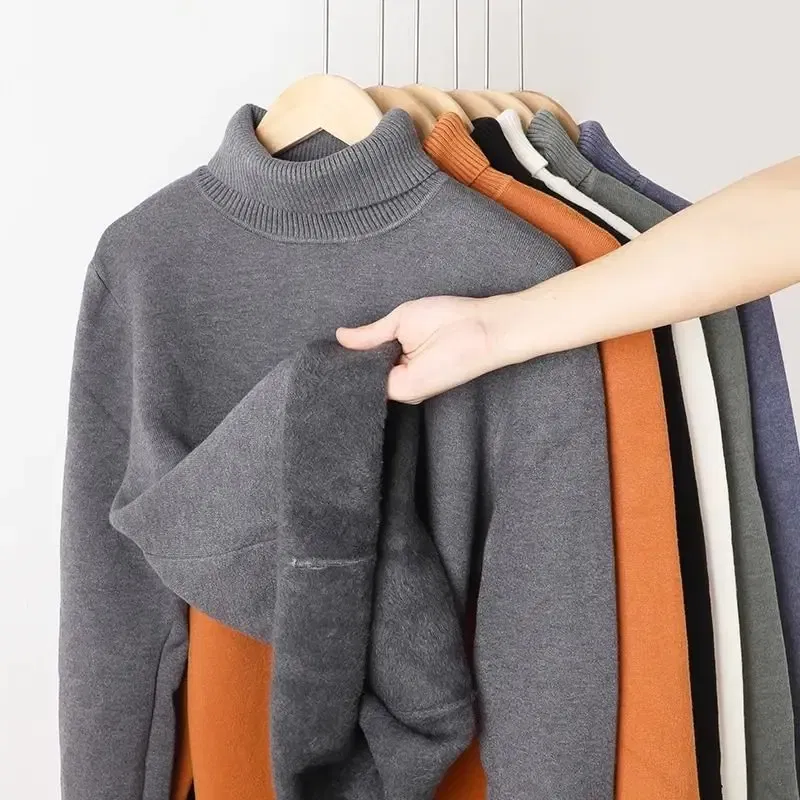 Color: Beige, Size: XXXL - Autumn Winter Men's Turtleneck Sweater Knitted Velvet Warm Long Sleeve Pullover Outdoor Cold-proof Casual Blouse Base Sweater