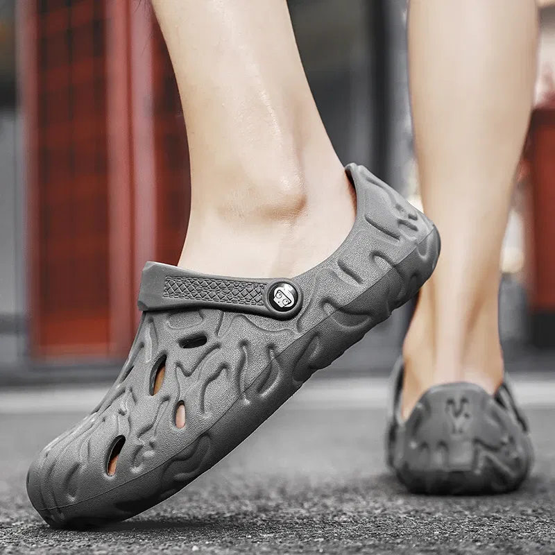 Color: Orange, Shoe Size: 46 - Men Summer Slippers Thick Sole Mens Clogs Sandals Hollow Breathable Flip Flops Sandals Shoes Fashion Beach Slippers