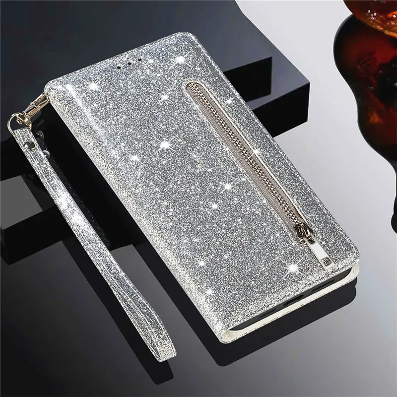 Color: Silver, Material: ABS - Zipper Flip Wallet Glitter Leather Case for iPhone 16 15 14 13 12 11 Pro Max XS XR 8 7 Plus SE 2022 Mini Bling Stand Phone Cover