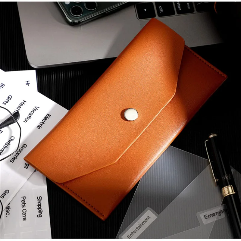 Color: Clear - Ultra-thin Cash Envelope Wallet Wear-resistant PU Leather Money Binder Organizer Waterproof Pouch Name Card Holder Male Female