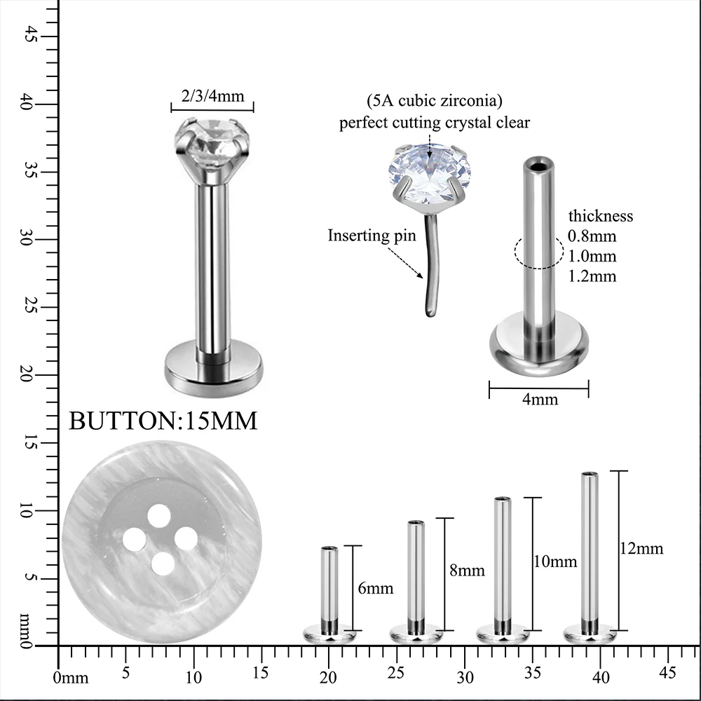Metal color: SILVER PLATED, Ships From: CHINA, Main Stone Color: Red - 10PCS G23 Titanium Lip Ring Labret Piercing Stud Earring CZ 16/18/20G Push Pin Ear Tragus Cartilage Helix Conch Pierc? Jewelry
