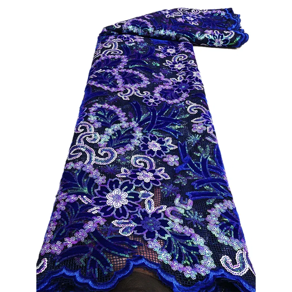 Color: Blue, length: 5 yards, Width: 120cm - African Velvet Lace Fabric, High Quality Elegant Nigerian Wedding Sequins Lace Fabrics 5 Yards Laser Cutting French Tulle Laces