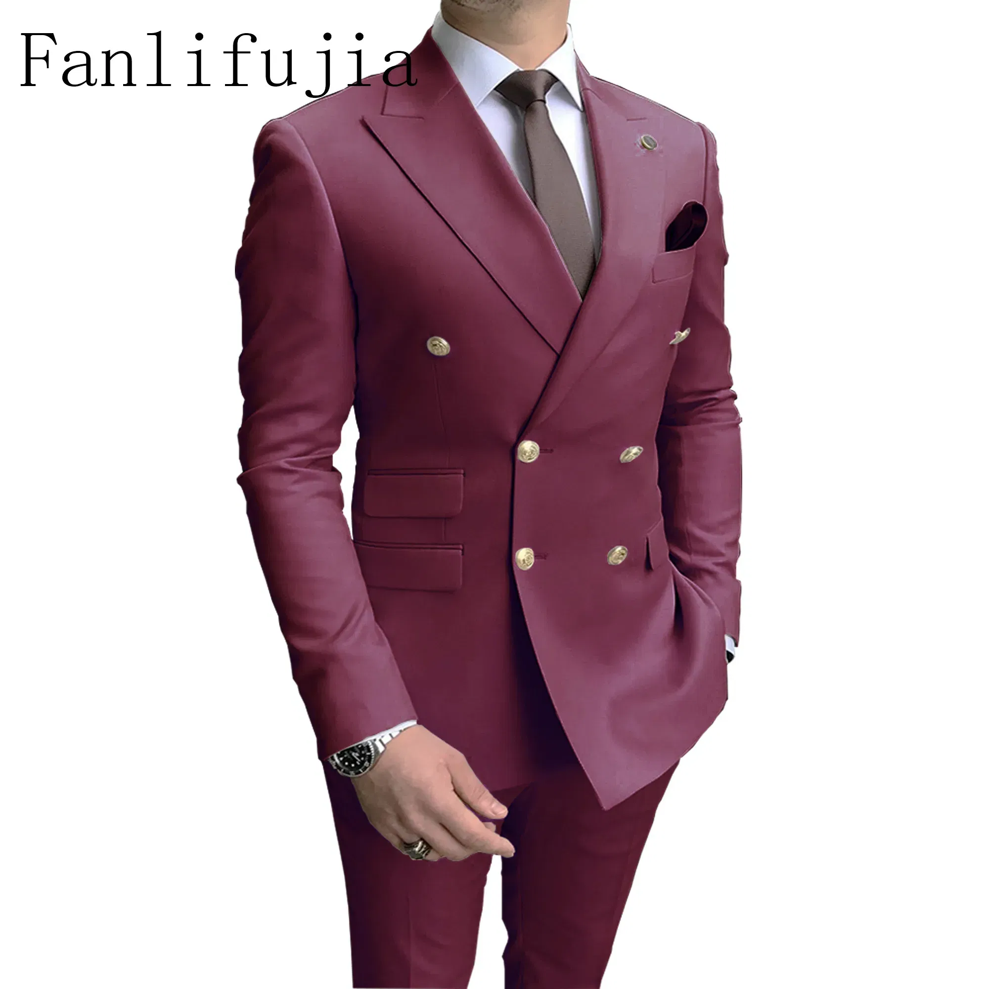 Color: Burgundy, Size: L - Fanlifujia Store 2024 Casual Sky Blue Men Suits Double Brested Peak Lapel  Gold Button Groom Wedding Tuxedos Best Costume Homme