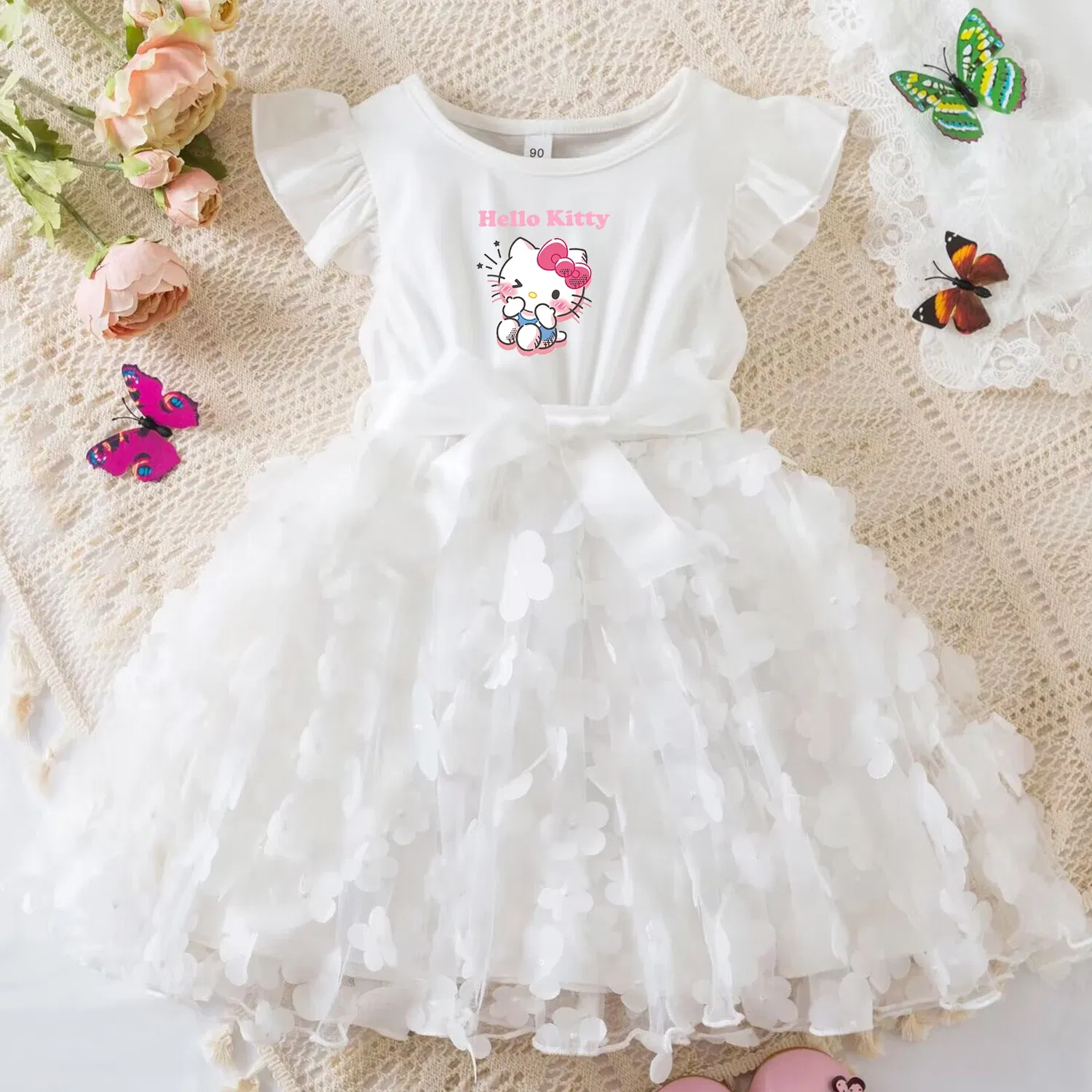 Color: Khaki, Size: XS - Hello Kitty Summer Dress for Kid's Casual Clothes 3D Butterfly Cute Baby Girls Princess Dress Party Dresses 2-6 Yrs
