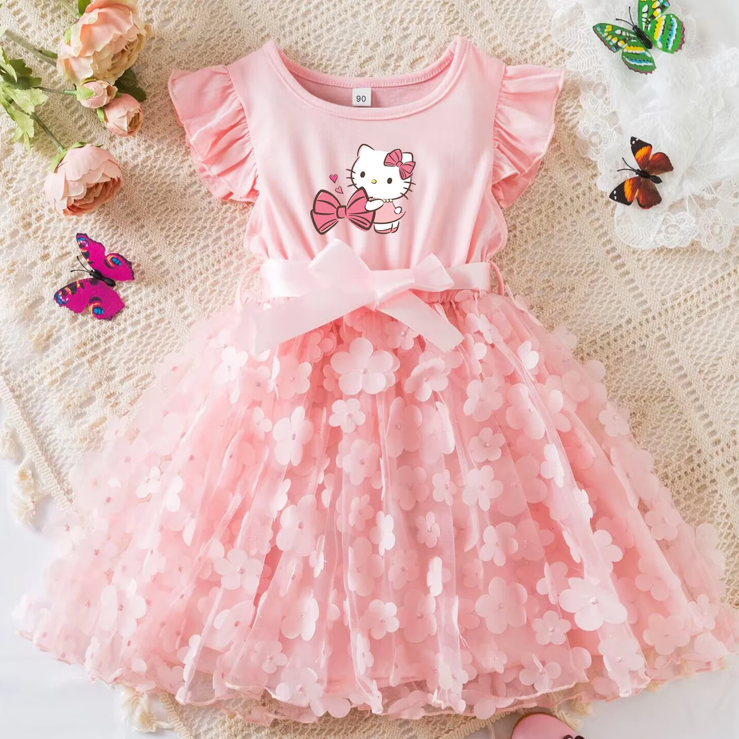Color: Khaki, Size: XS - Hello Kitty Summer Dress for Kid's Casual Clothes 3D Butterfly Cute Baby Girls Princess Dress Party Dresses 2-6 Yrs