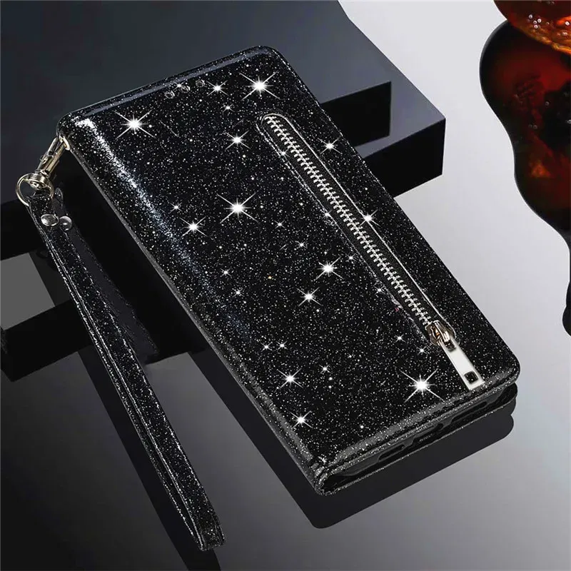 Color: black, Material: Vinyl - Zipper Flip Wallet Glitter Leather Case for iPhone 16 15 14 13 12 11 Pro Max XS XR 8 7 Plus SE 2022 Mini Bling Stand Phone Cover