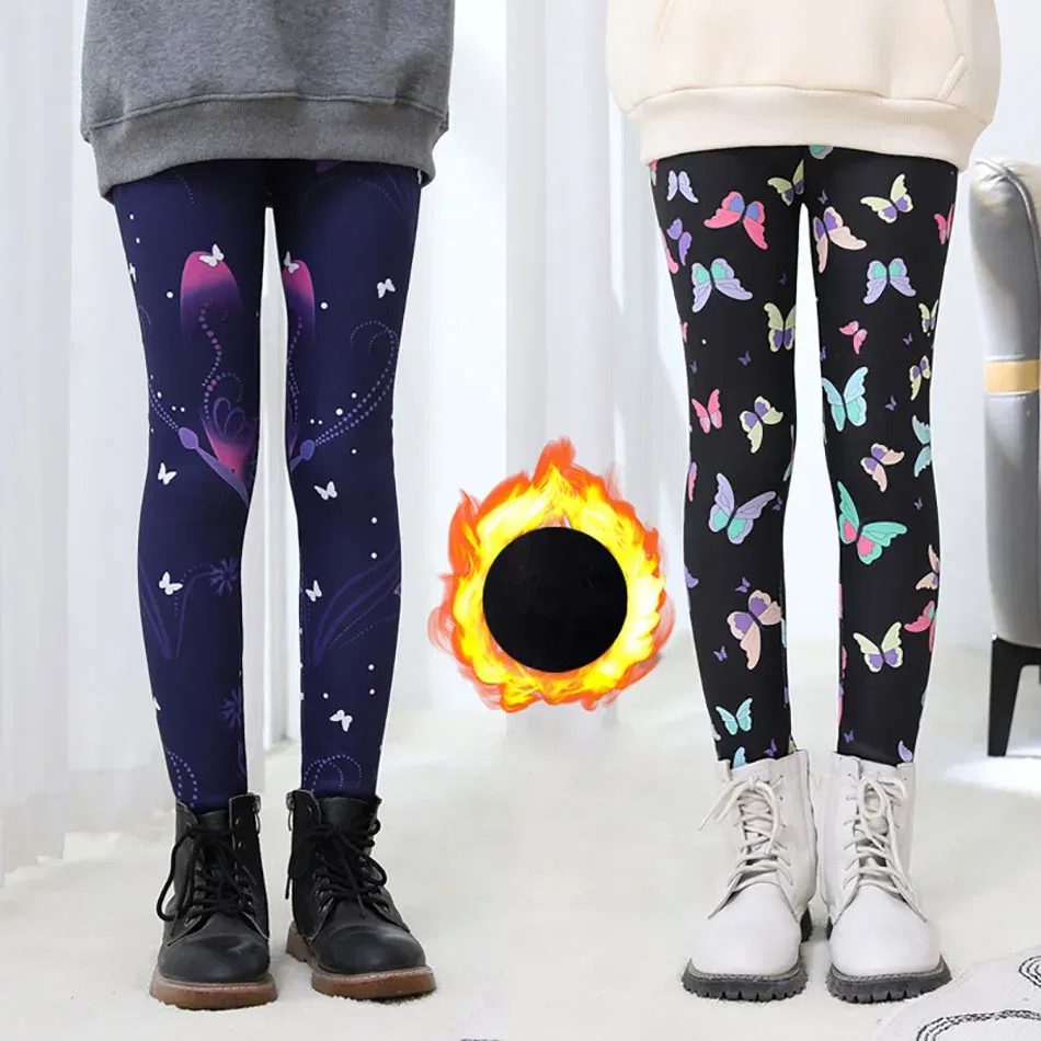 Color: Blue, Size: 110cm - Warmth and Cozy Girls Plush Lined Thickened Elastic Leggings Long Pants Suitable Kids Daily Wear in Autumn Winter Cold Weather