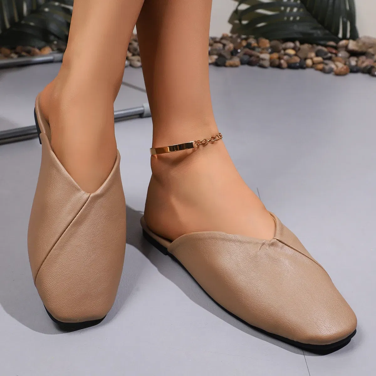 Color: Khaki, Shoe Size: 42 - Fashion Slip on Mules Big Size 43 Flat Slippers 2024 Summer Women Flat Casual Outdoor Square Toe Shoes Ladies Slippers