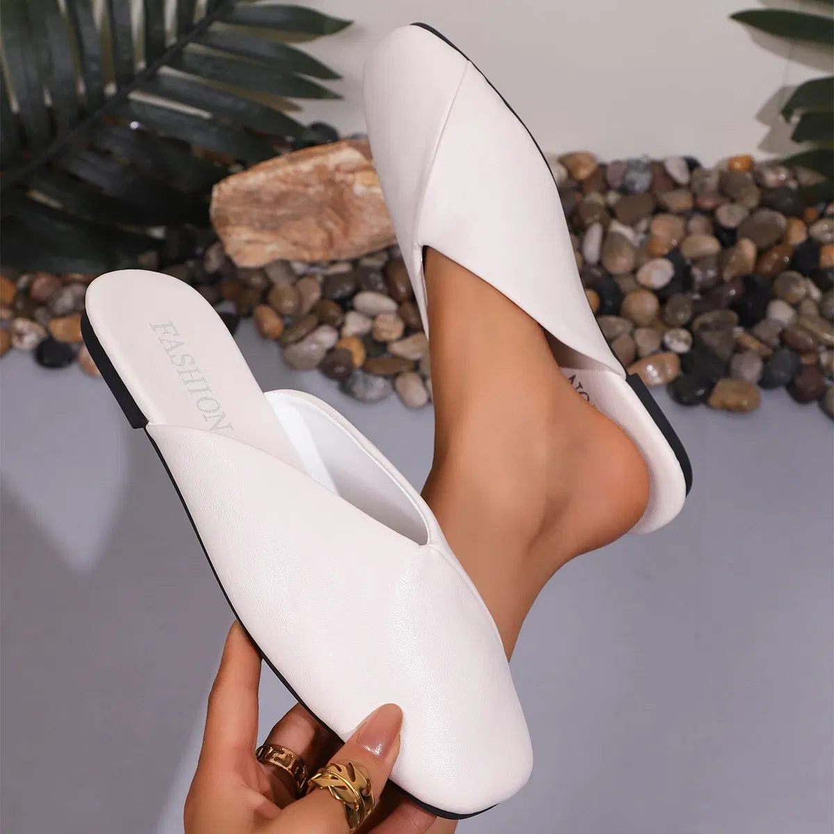 Color: Khaki, Shoe Size: 42 - Fashion Slip on Mules Big Size 43 Flat Slippers 2024 Summer Women Flat Casual Outdoor Square Toe Shoes Ladies Slippers