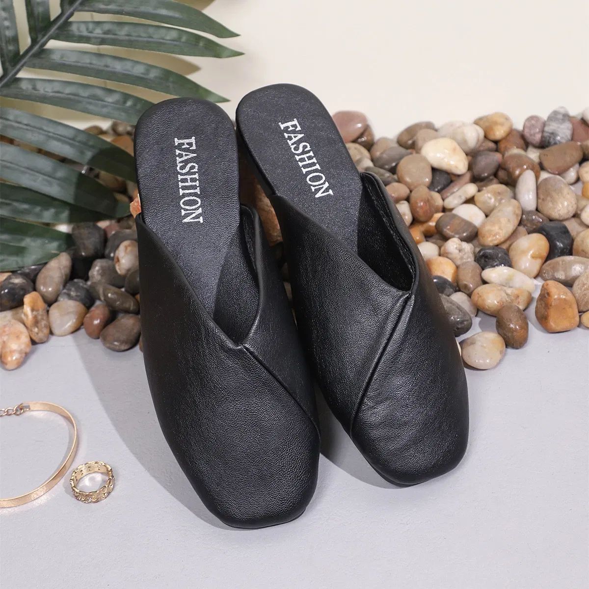 Color: Khaki, Shoe Size: 42 - Fashion Slip on Mules Big Size 43 Flat Slippers 2024 Summer Women Flat Casual Outdoor Square Toe Shoes Ladies Slippers