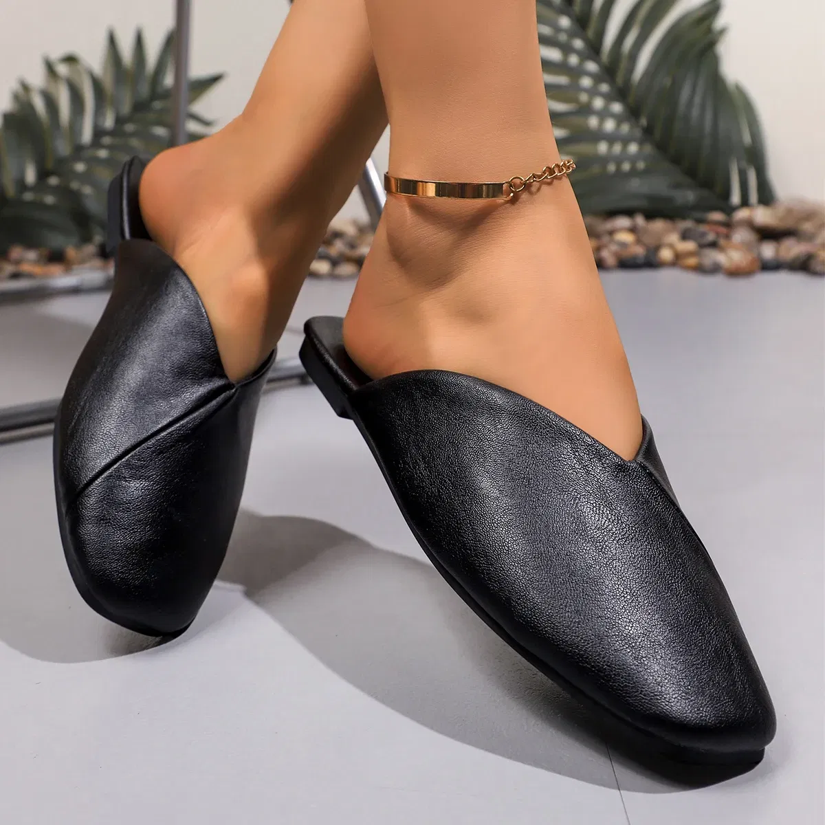 Color: Khaki, Shoe Size: 42 - Fashion Slip on Mules Big Size 43 Flat Slippers 2024 Summer Women Flat Casual Outdoor Square Toe Shoes Ladies Slippers