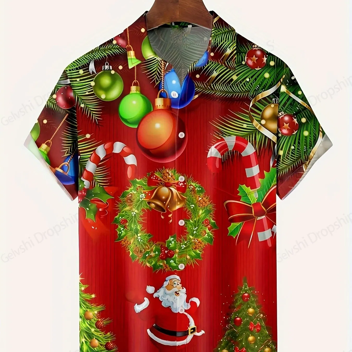Color: Khaki, Size: XL - Men's Retro Christmas Hawaiian Shirt Men Women Fashion Cartoon Santa Claus Shirts Short Sleeve Blouse Festive Holiday Top Elk