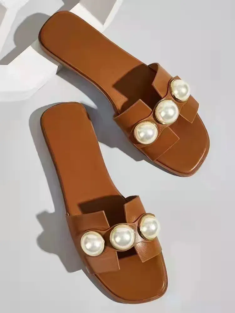 Color: Beige, Shoe Size: 38 - Slippers Women 2025 New Flat Slippers Party Shoes Fashion Pearl Sandals Slippers Roman Women Flip-Flops Casual Beach Shoes Trend