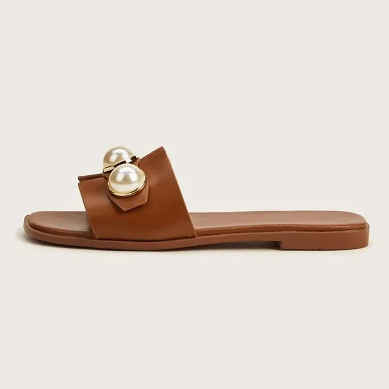 Color: Beige, Shoe Size: 38 - Slippers Women 2025 New Flat Slippers Party Shoes Fashion Pearl Sandals Slippers Roman Women Flip-Flops Casual Beach Shoes Trend