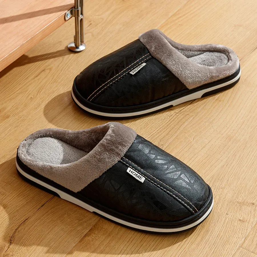 Color: black, Shoe Size: 4 - Big Size Winter Casual Men's Slippers Indoor Waterproof PU Leather Home Shoes Fur Flat Warm Fashion Bedroom Houseshoes