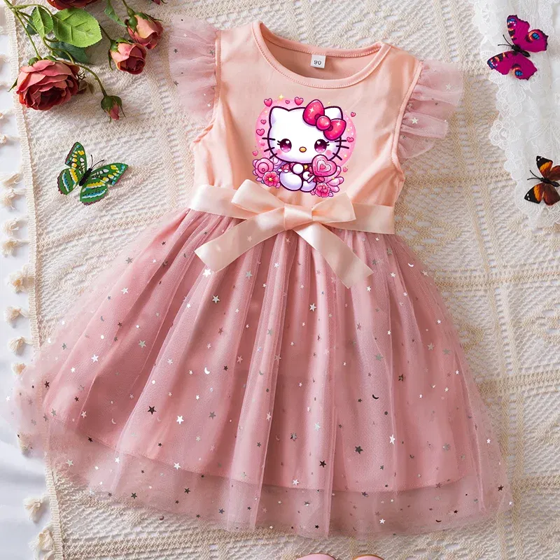 Color: Gold, Kid Size: 4T - Hello Kitty Girls Sequin Tutu Dress with Bow Flutter Sleeves Summer Princess Party Outfit for Toddler Kids 2-6 Years