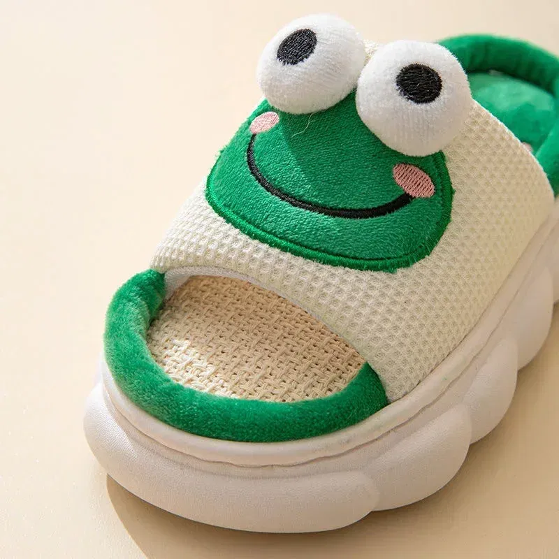 Color: light green, Shoe Size: 38-39 - 2024 Cute Cartoon Frog Linen Slippers Universal Indoor Home Four Seasons Non-slip Cotton Linen Sandals