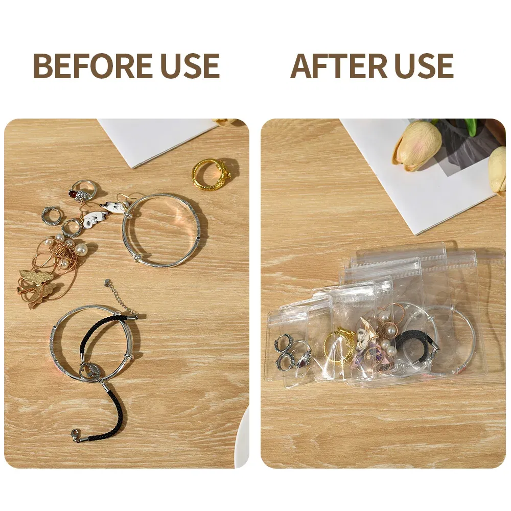 Size: L, Color: Pink - 100/10Pcs PVC Jewelry Package Bags Thicken Self Sealing Pouches Anti-Oxidation  Earring Necklace Clear Organizer Bag Reusable