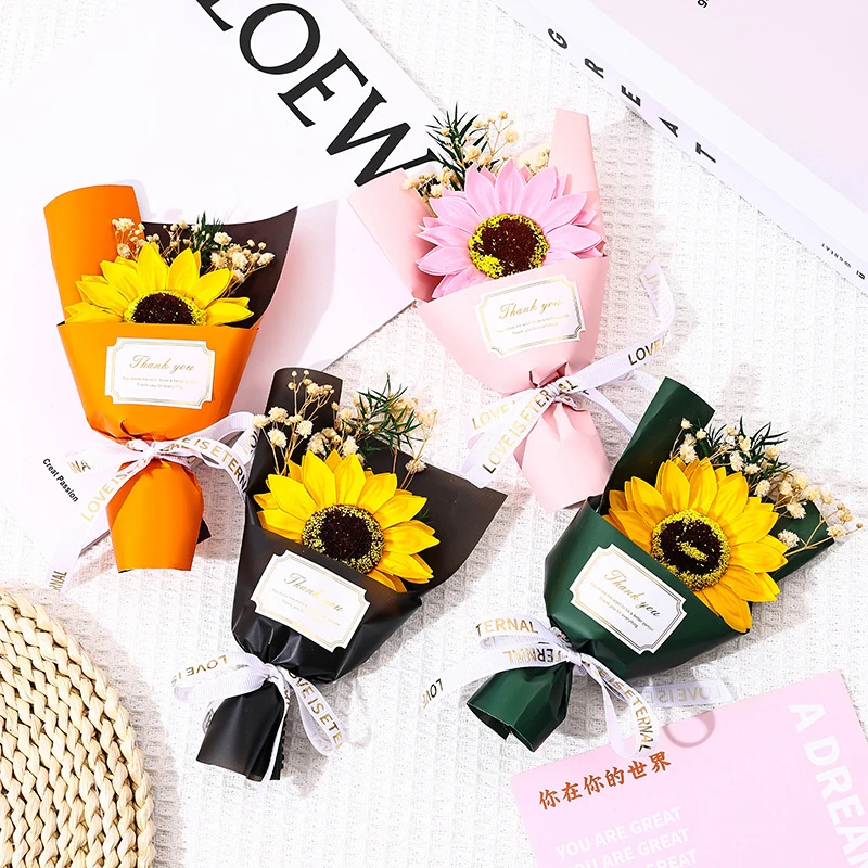 Color: Green - Flower Bouquet Rose Sunflower Simulation Flower Creative Artificial Soap Flower Party Wedding Decoration Valentine's Day Gift