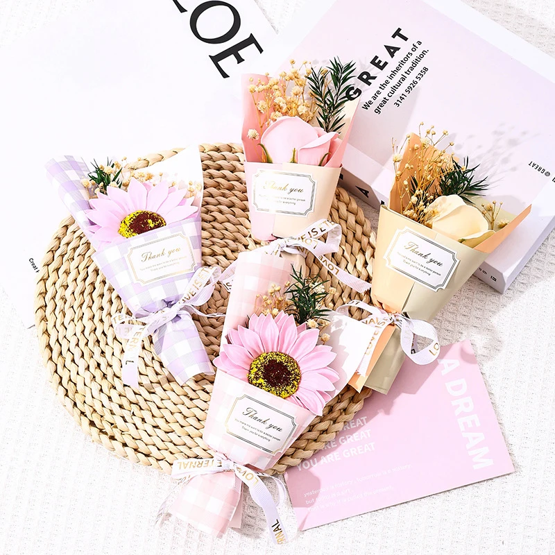 Color: Green - Flower Bouquet Rose Sunflower Simulation Flower Creative Artificial Soap Flower Party Wedding Decoration Valentine's Day Gift