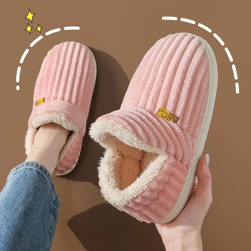 Color: black, Shoe Size: 40-41 - Winter Couple Style Concise Solid Color Wrap Heels Plush Slippers Non-slip Warm Flip Flops Women Men Home Casual Cotton Shoes