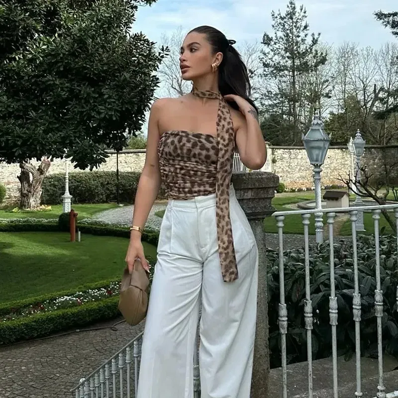Color: SKY BLUE, Size: L - TRAF 2024 Woman Off Shoulder Tulle Crop Top Women Ruched Leopard Print Sexy Tube Tops Summer Sleeveless Backless Bandeau Top