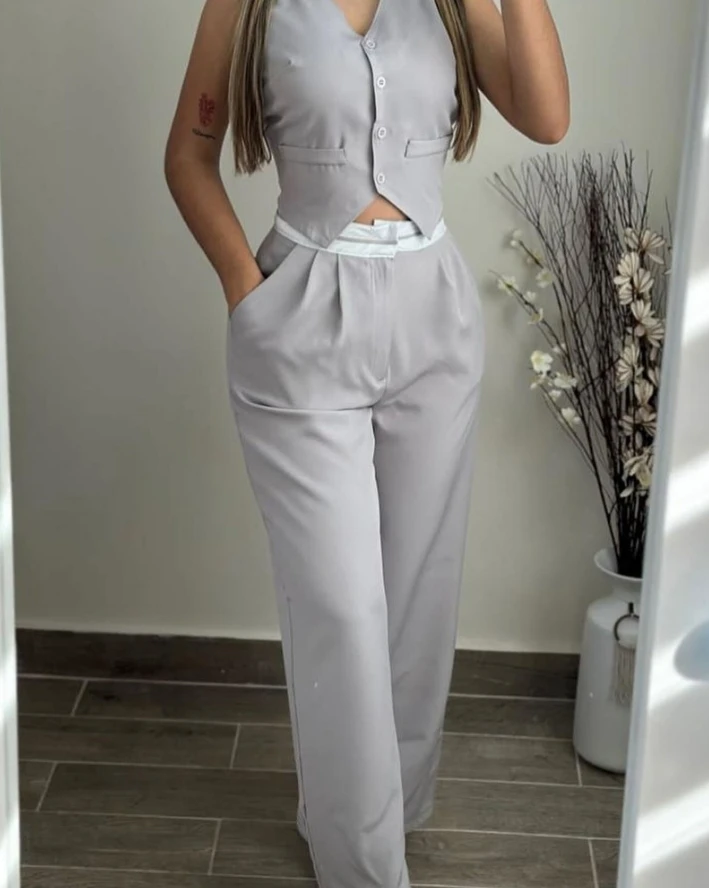 Color: black, Size: S - New Women's Two-Piece 2024 Summer Casual Sexy Elegant V-Neck Twist Button Tank Top and Pocket Design Pants Set Women's Set