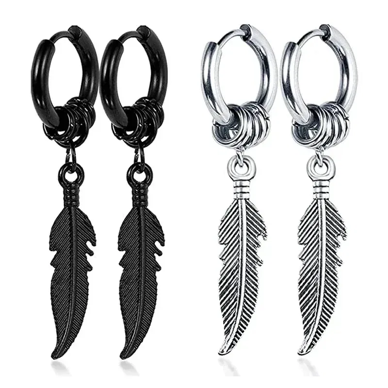 Metal Color: Gold-color - 2pcs Fashion Cross Feather Stud Earrings, Punk Rock Style For Women Men High Quality Stainless Steel Hiphop Ear Jewelry