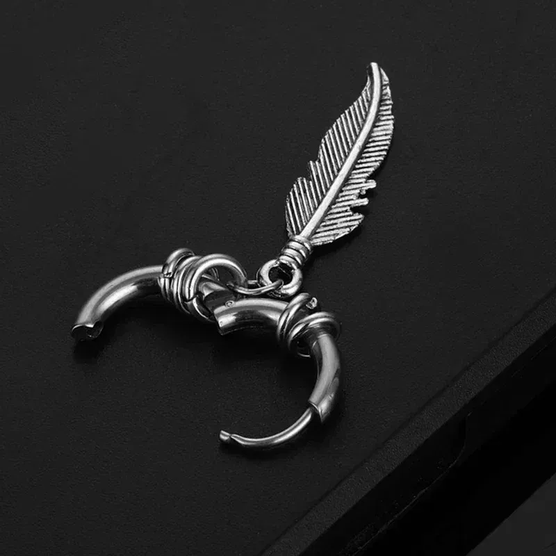 Metal Color: Gold-color - 2pcs Fashion Cross Feather Stud Earrings, Punk Rock Style For Women Men High Quality Stainless Steel Hiphop Ear Jewelry