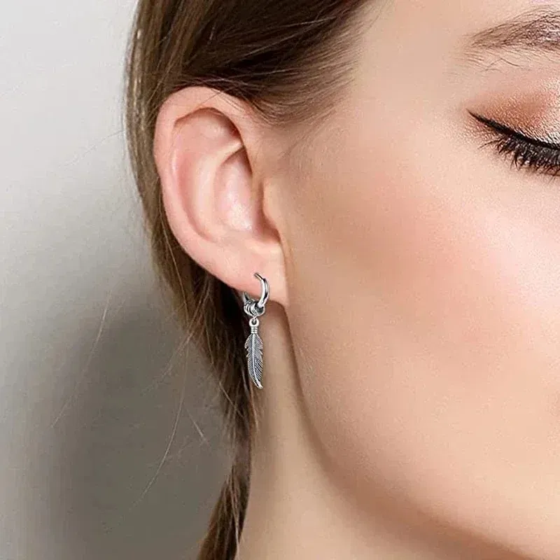 Metal Color: Gold-color - 2pcs Fashion Cross Feather Stud Earrings, Punk Rock Style For Women Men High Quality Stainless Steel Hiphop Ear Jewelry