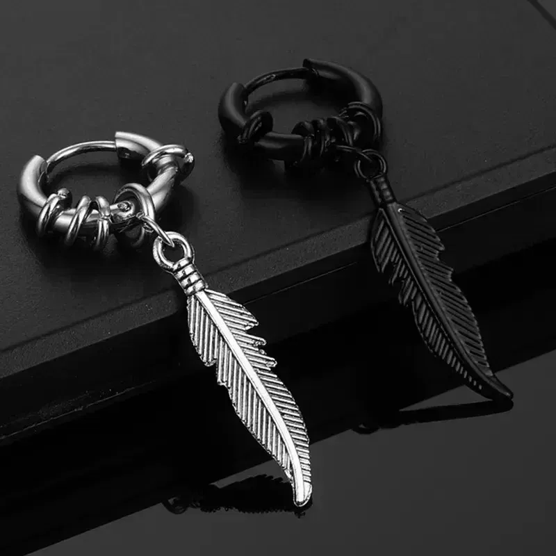 Metal Color: Gold-color - 2pcs Fashion Cross Feather Stud Earrings, Punk Rock Style For Women Men High Quality Stainless Steel Hiphop Ear Jewelry