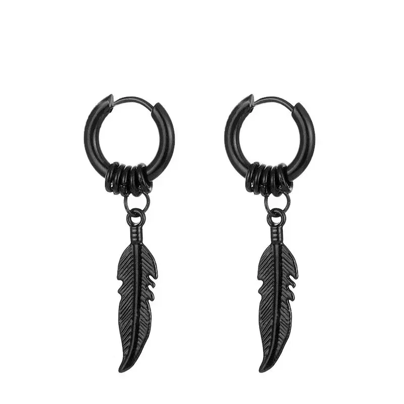 Metal Color: Gold-color - 2pcs Fashion Cross Feather Stud Earrings, Punk Rock Style For Women Men High Quality Stainless Steel Hiphop Ear Jewelry