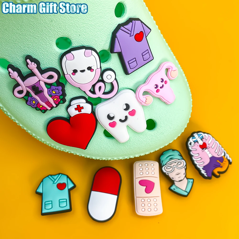 Color: VIOLET - 1pcs Medical Clog Accessories Stethoscope Syringe Gibit Shoe Charm Clog Pins Teeth Uterus Nurse Clips Jeans Girl Women Gift