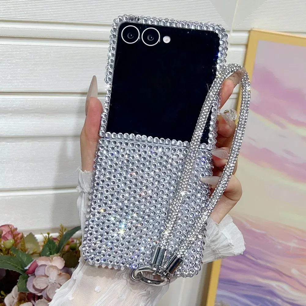 Color: black, Material: Cotton - Full Shiny Diamonds Cover Funda For Samsung Galaxy Z Flip 7 Wrist Strap Case For Samsung z flip 6 zflip5 zflip4 3 Luxury Case